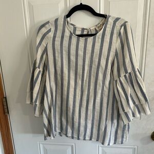 Listicle Blue & White Striped Ruffle-Sleeve Linen Top